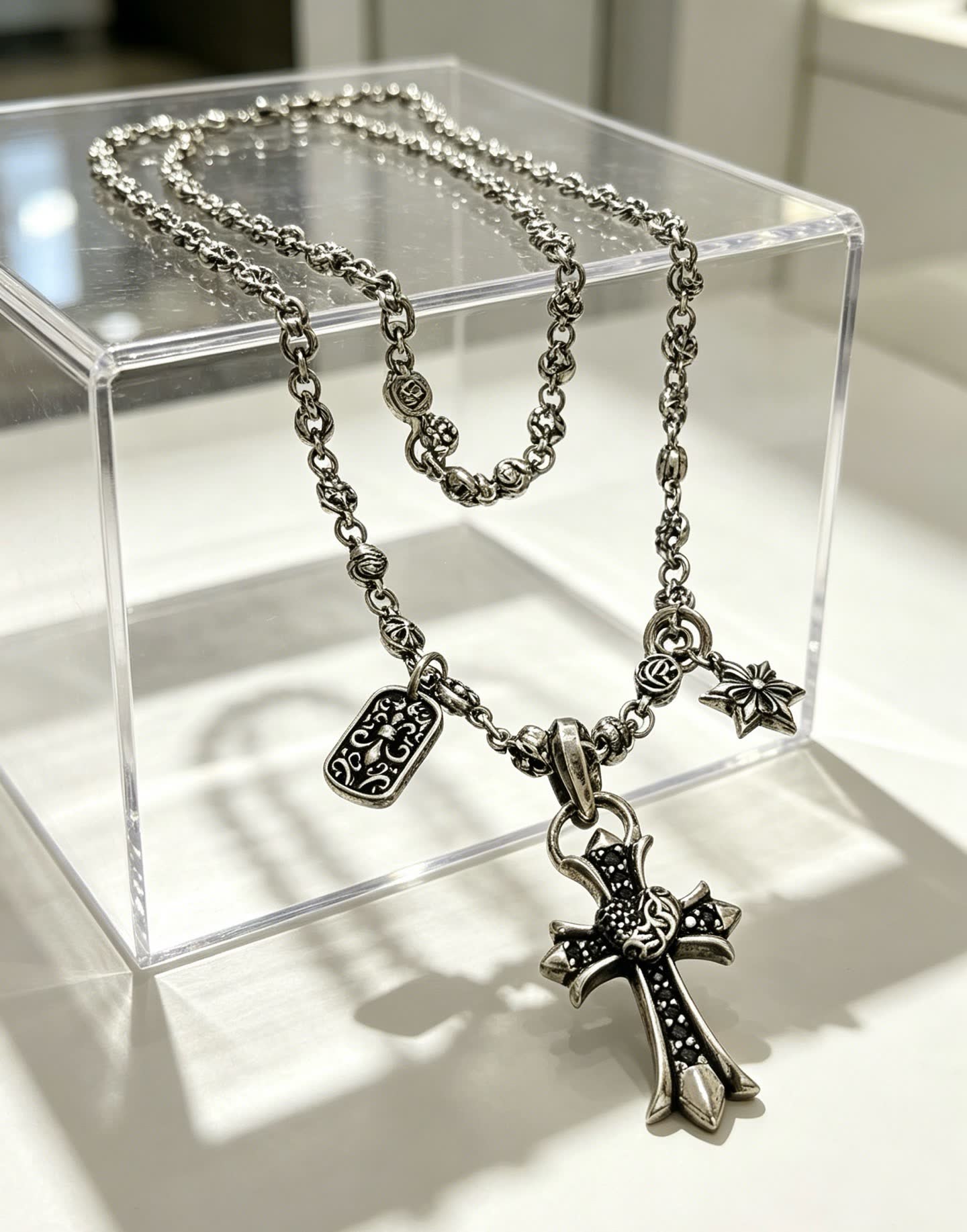 Chrome Hearts Black Diamond Cross Pendant Necklace